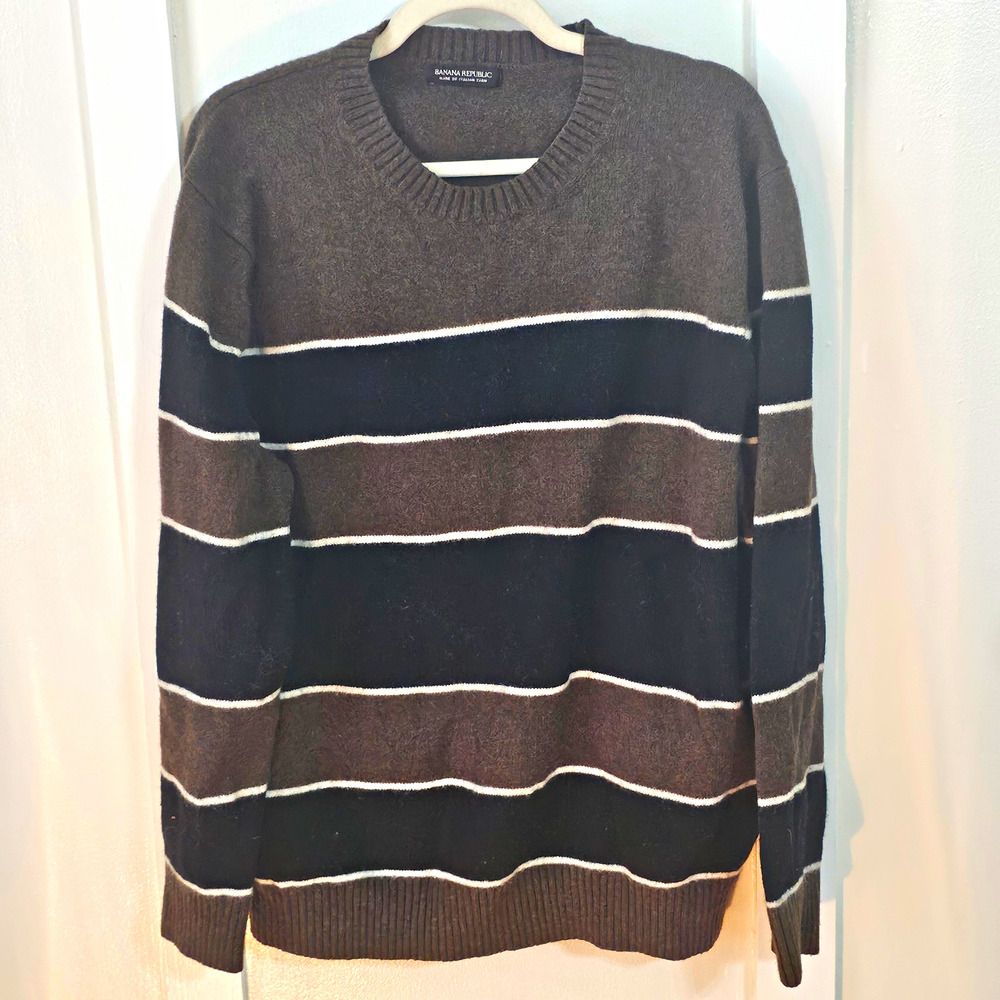 Banana Republic Men's 2XL Brown Black White Striped Crewneck Wool Knit Sweater